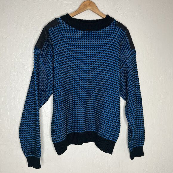 Vintage I.O.U Already A Legend Blue Black Leather Patch Knitted Sweater Mens L - Picture 1 of 7